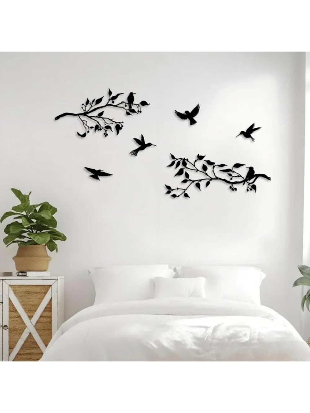 4PCS Large Metal Wall Art Decor - Birds on Branches, Black Leaves, Hummingbirds